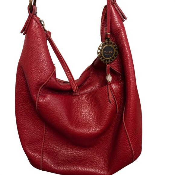 The Sak Handbags - VTG The Sak Sequoia Hobo Bag Soft Pebble Leather Knots Pop of Red Cherry Red Y2K